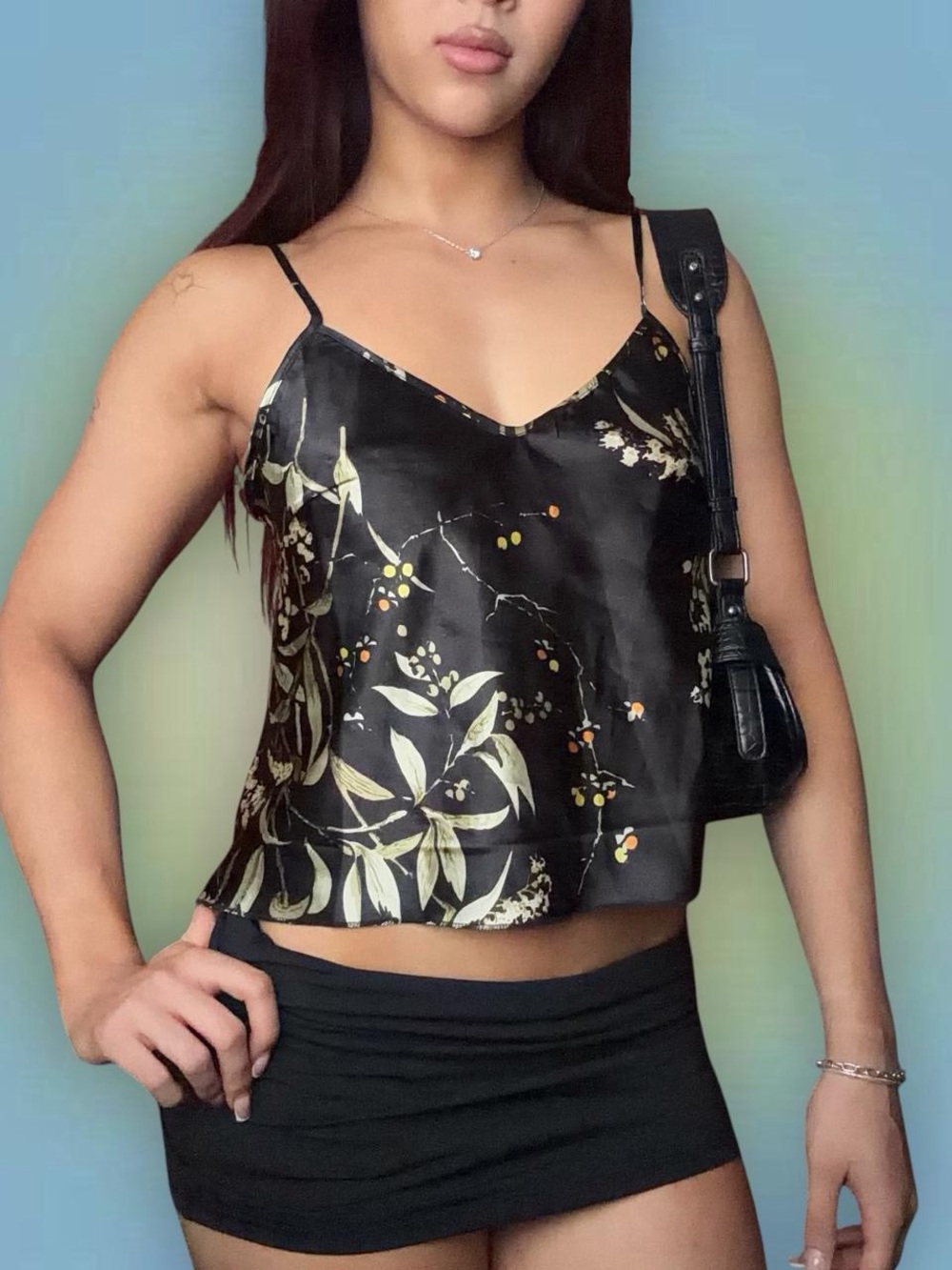 Black Floral Satin Camisole Top
